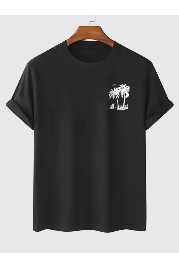 20/1 Penye Compack Palmiye Baskılı Oversize Bisiklet Yaka Kısa Kol T-shirt - Siyah