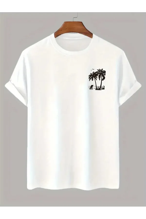 20/1 Penye Compack Palmiye Ön Baskılı Oversize Bisiklet Yaka Kısa Kol Yazlık T-shirt - Beyaz