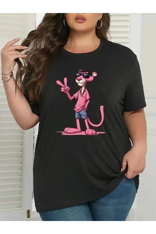 20/1 Penye Compack Pembe Panter Baskılı Oversize Bisiklet Yaka Kısa Kol Yazlık T-shirt - Beyaz