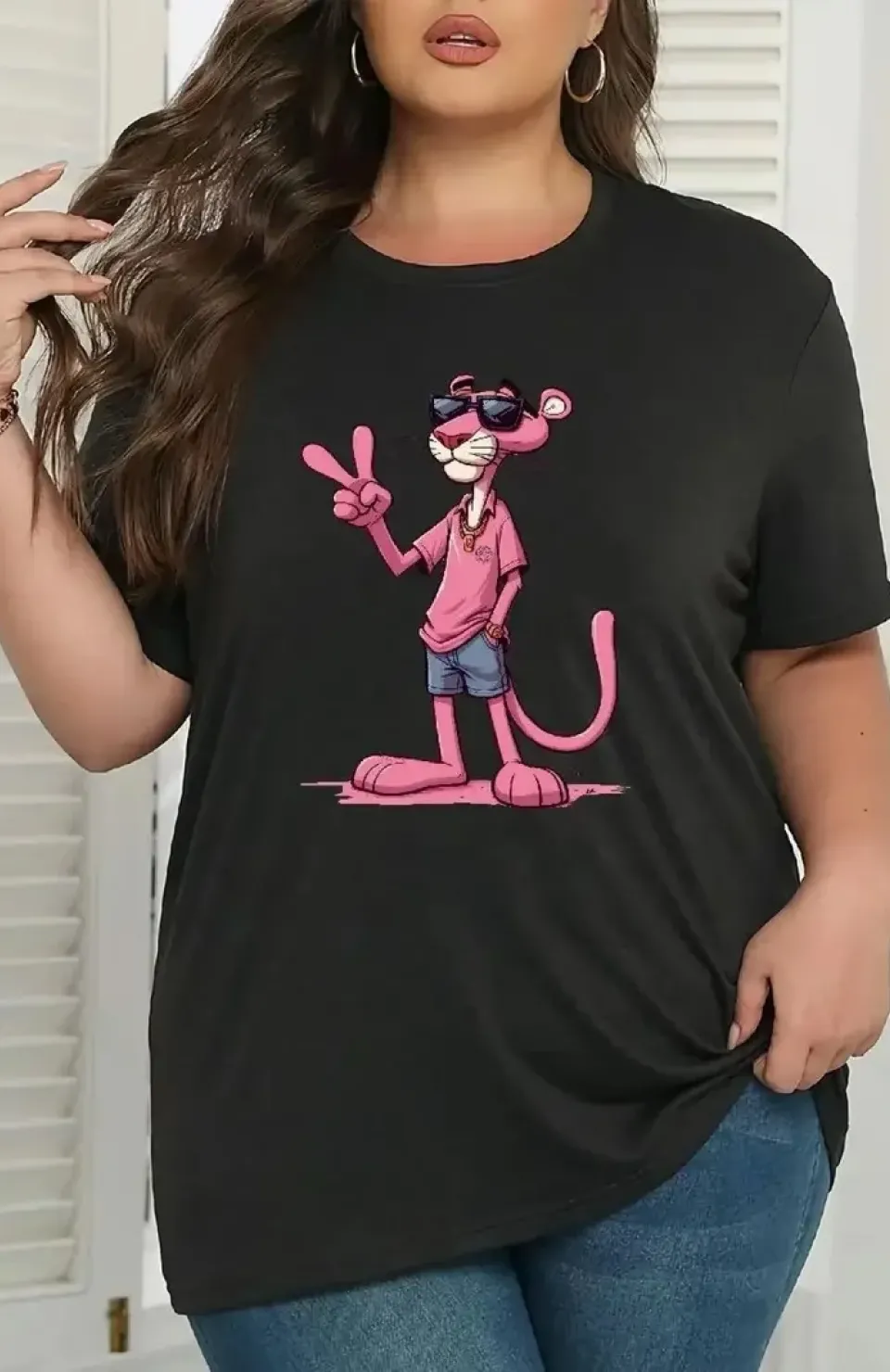 20/1 Penye Compack Pembe Panter Baskılı Oversize Bisiklet Yaka Kısa Kol Yazlık T-shirt - Beyaz