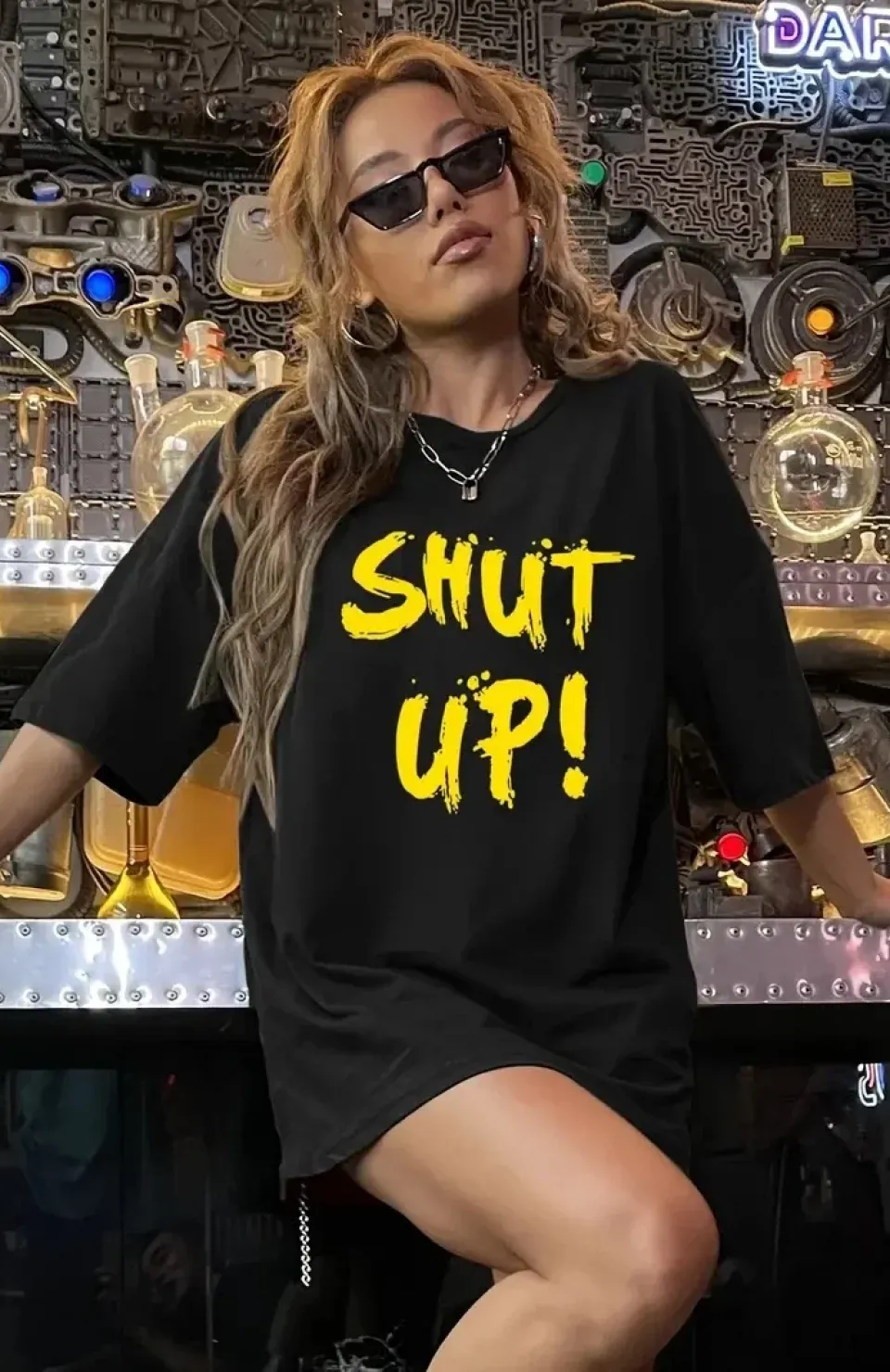 20/1 Penye Compack Shut up Baskılı Oversize Bisiklet Yaka Kısa Kol T-shirt - Siyah