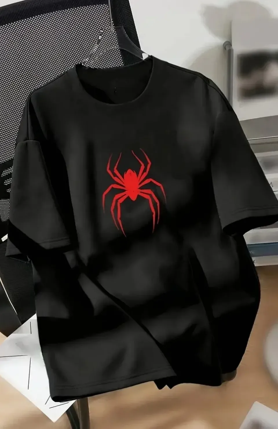 20/1 Penye Compack Spider Baskılı Oversize Unisex Kısa Kol Yazlık T-shirt - Siyah