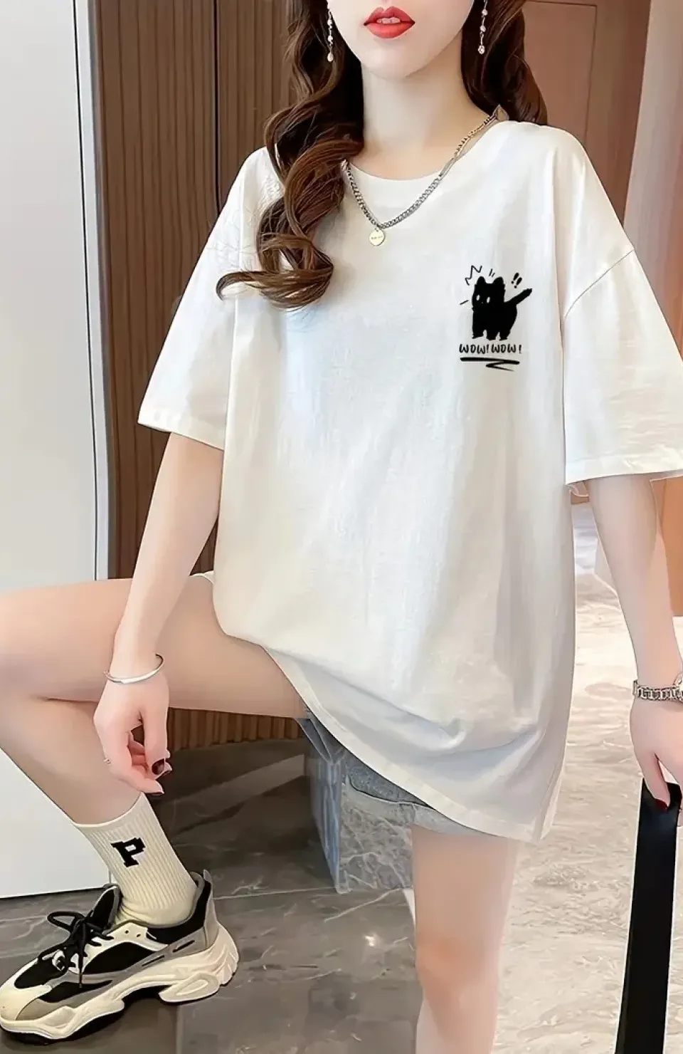 20/1 Penye Compack Tatlı Kedi Baskılı Oversize Bisiklet Yaka T-shirt - Beyaz