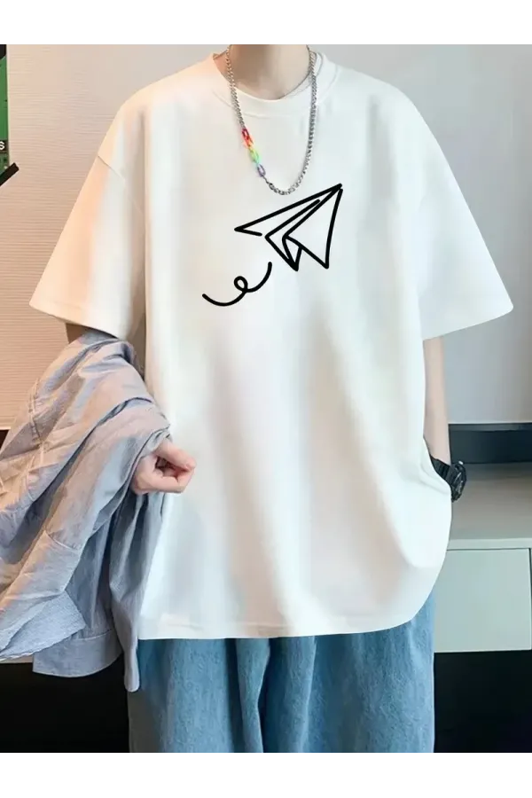 20/1 Penye Compack Uçak Baskılı Oversize Bisiklet Yaka Kısa Kol T-shirt - Beyaz