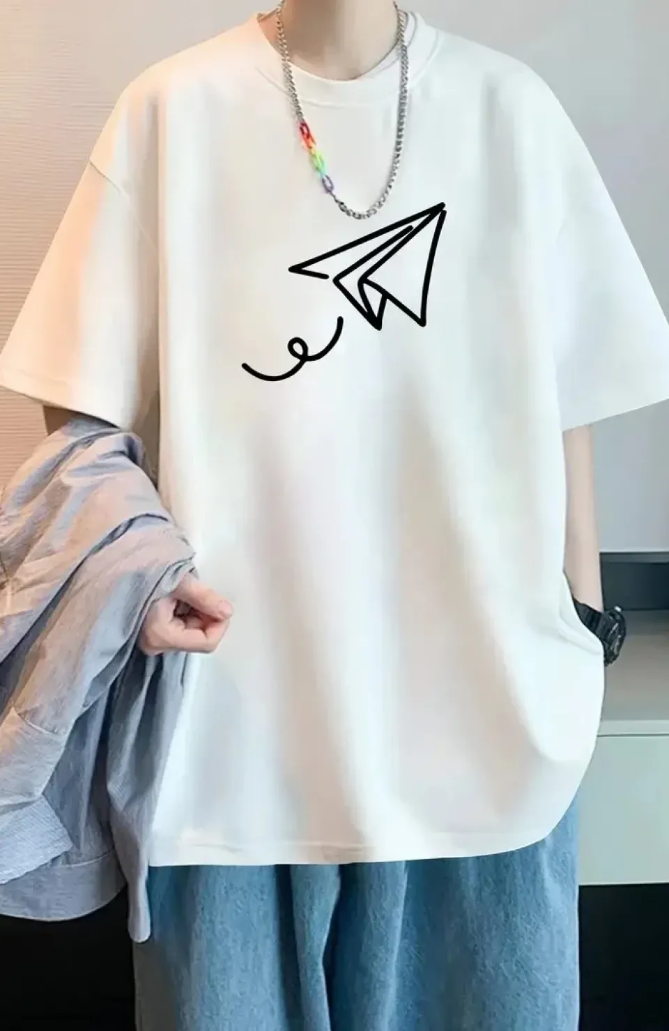 20/1 Penye Compack Uçak Baskılı Oversize Bisiklet Yaka Kısa Kol T-shirt - Beyaz