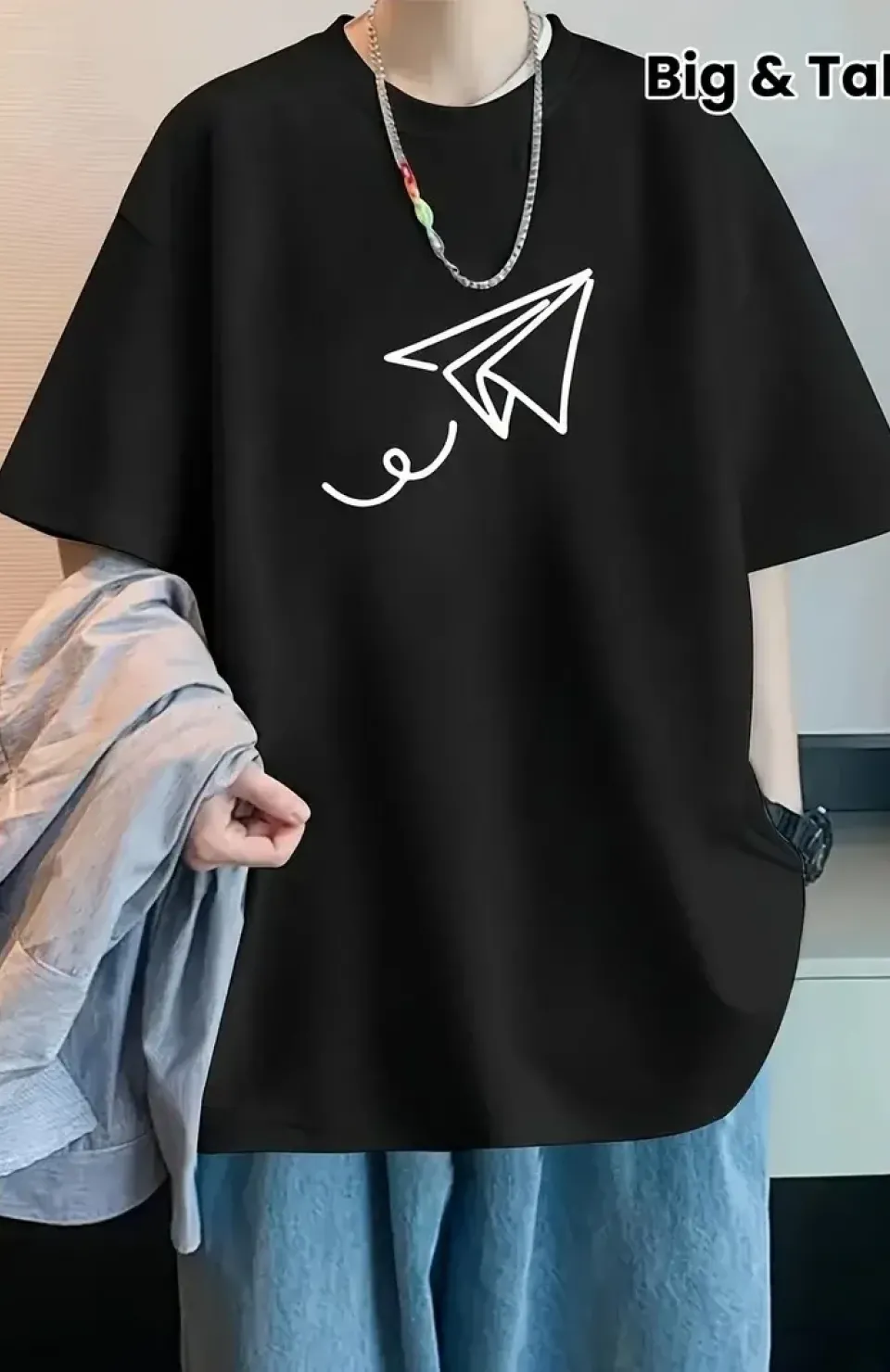 20/1 Penye Compack Uçak Baskılı Oversize Bisiklet Yaka Kısa Kol T-shirt - Siyah