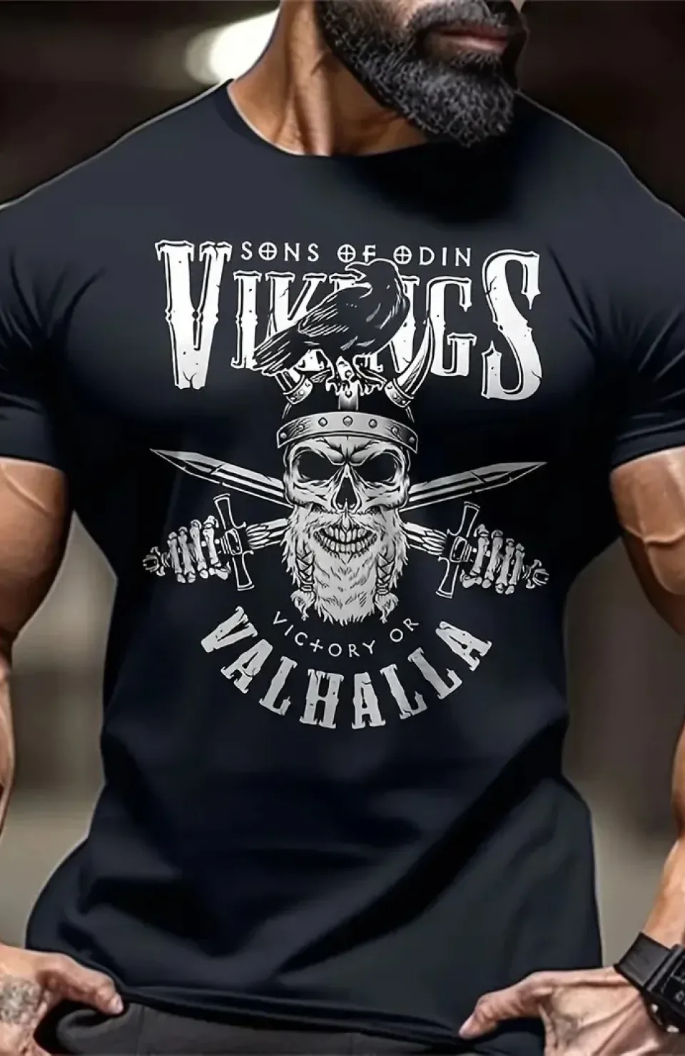 20/1 Penye Compack Vikings Valhalla Baskılı Oversize Bisiklet Yaka T-shirt - Siyah