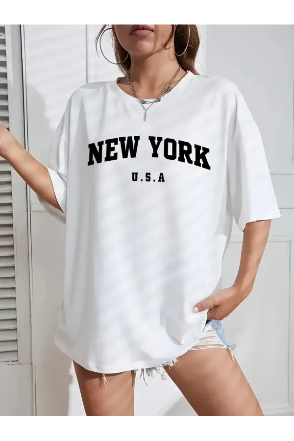 20/1 Penye CompackNew York Baskılı Oversize Kısa Kol Bisiklet Yaka T-shirt - Beyaz
