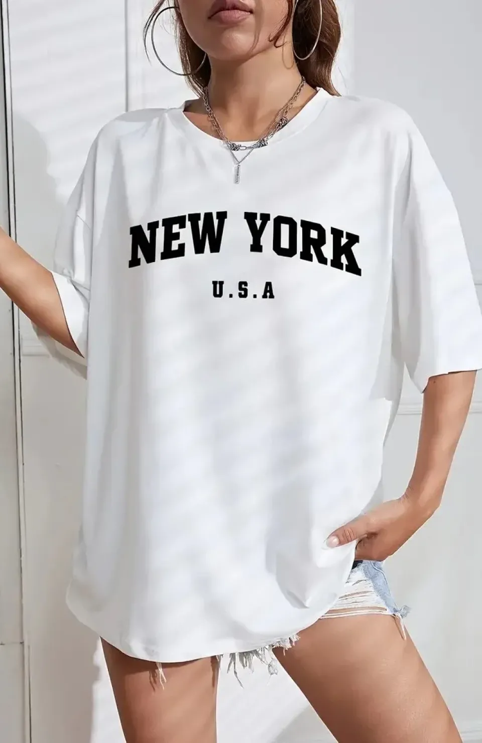 20/1 Penye CompackNew York Baskılı Oversize Kısa Kol Bisiklet Yaka T-shirt - Beyaz