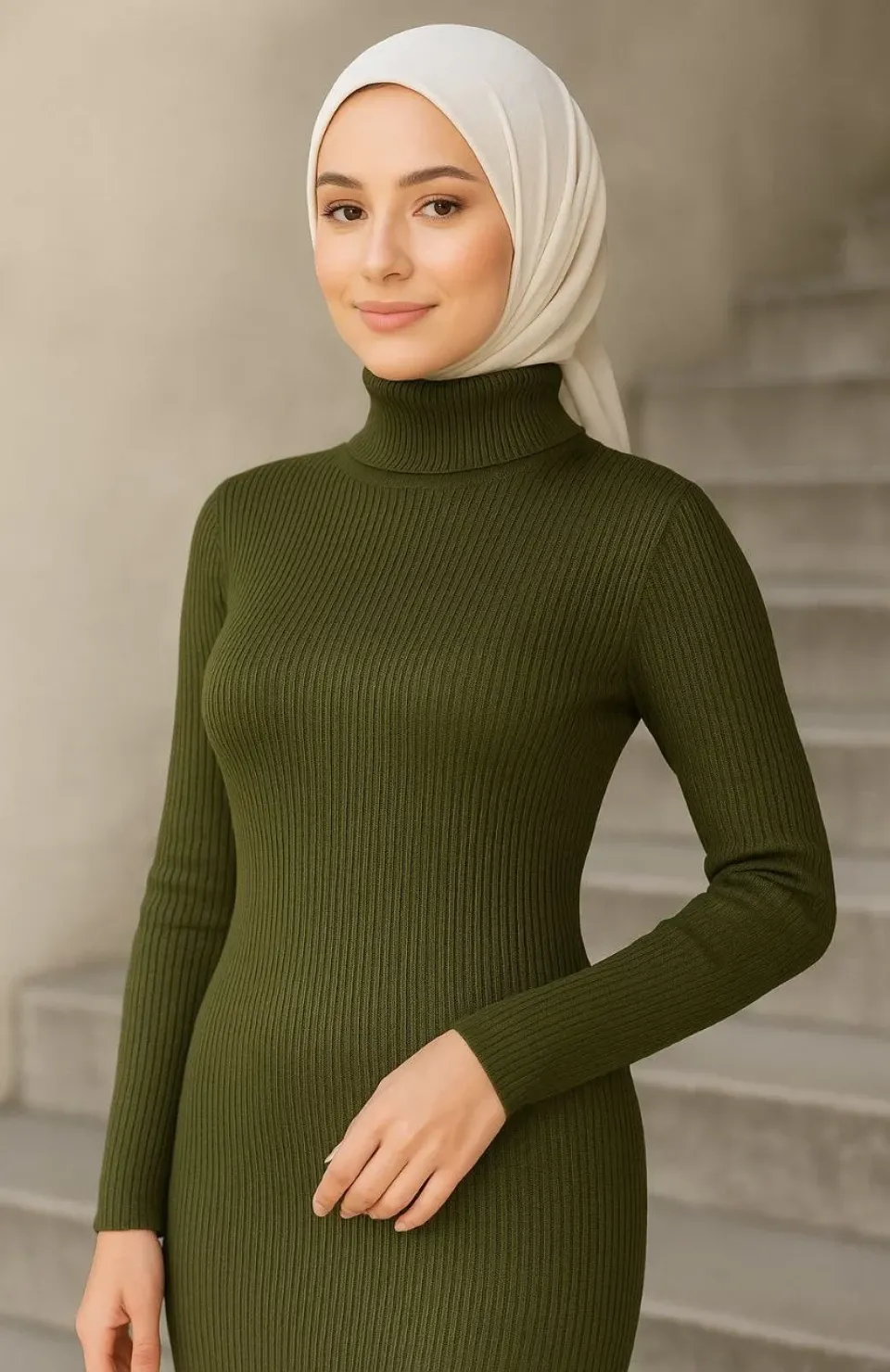 Kadın Tesettür Triko Elbise – Boğazlı Uzun Fitilli Dokuma, Esnek Tam Kalıp, 130 cm Midi Boy, Bahar & Kış Şık Rahat Stil - Haki