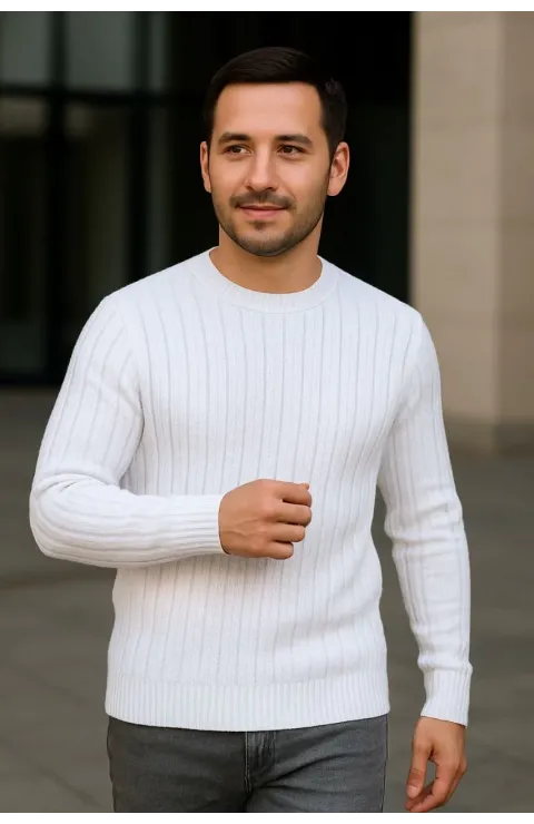 Erkek Bisiklet Yuvarlak Yaka Triko Kazak Pamuklu Kalın Fitilli Dokuma, Regular Fit Uzun Kollu Kışlık Model - Beyaz