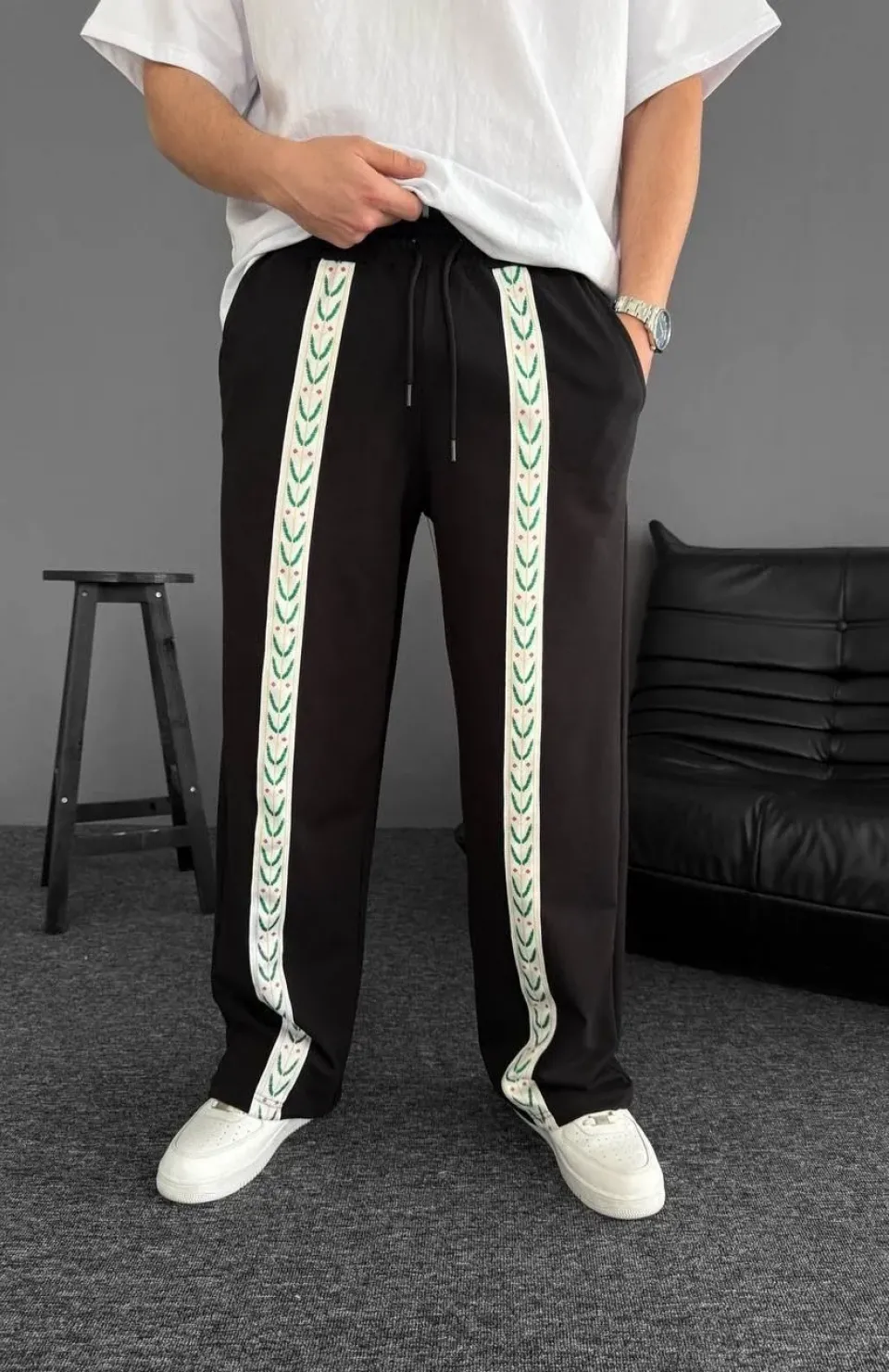 İki İplik Kumaş Şeritli Alt Esofman - Siyah