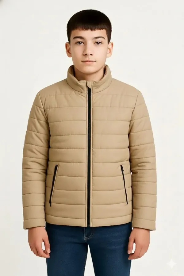 Erkek Çocuk Şişme Mont Hafif ve Sıcak Tutucu Kışlık Fermuarlı Su İtici Rahat Günlük Mont Kapüşonuz Modern Tasarım - Bej