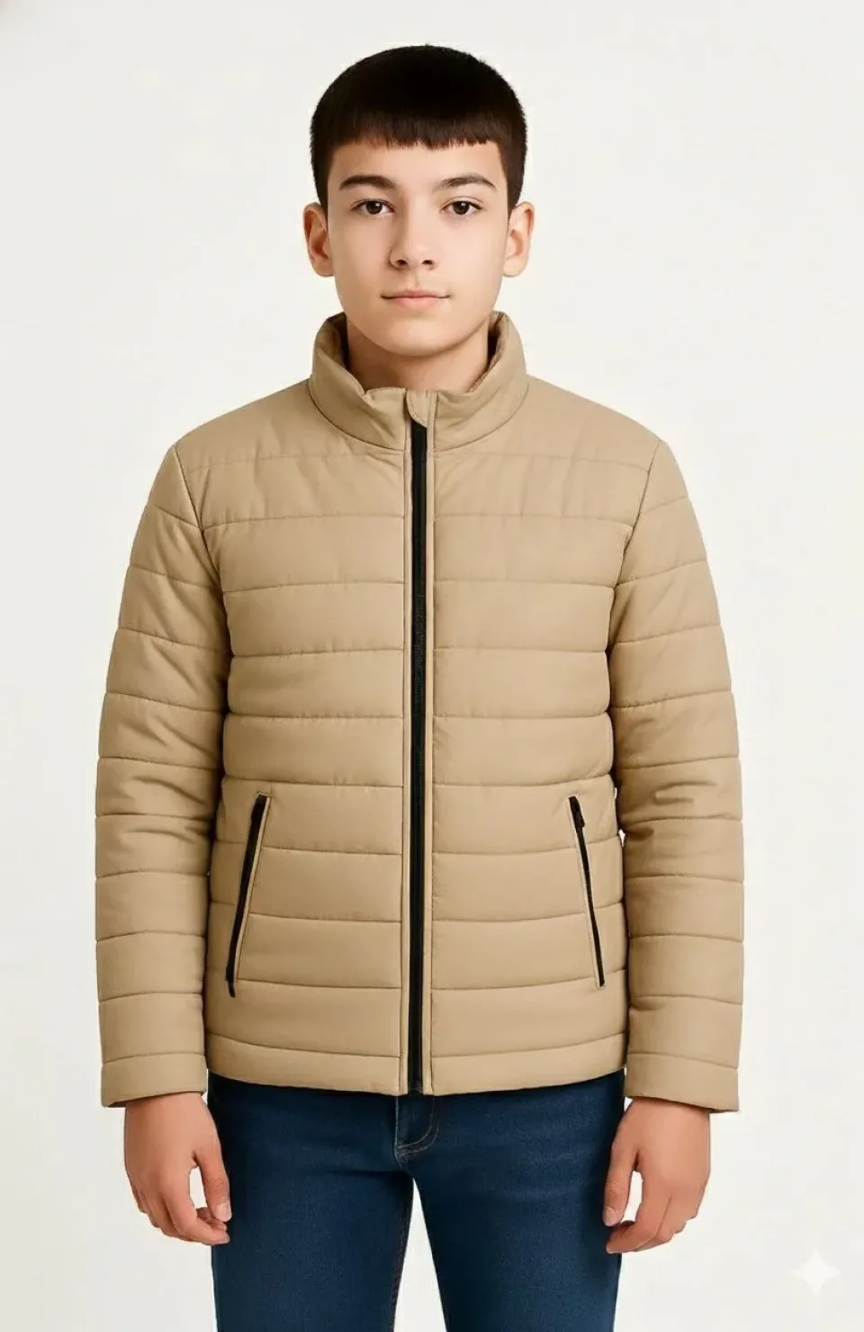 Erkek Çocuk Şişme Mont Hafif ve Sıcak Tutucu Kışlık Fermuarlı Su İtici Rahat Günlük Mont Kapüşonuz Modern Tasarım - Bej Somersan Giyim | Kadın, Erkek ve Çocuk Moda