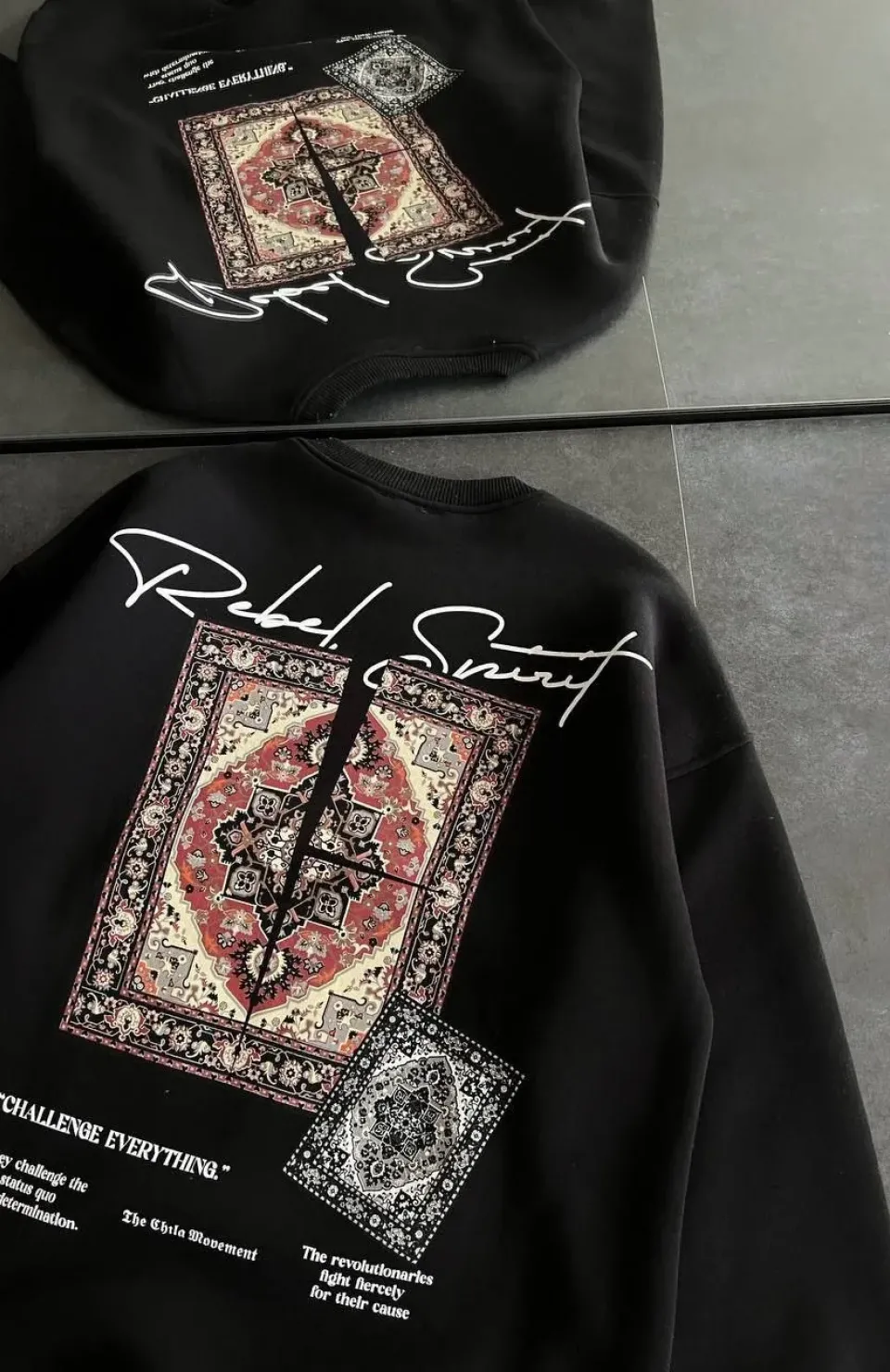 Kadın Bisiklet Yaka Baskılı SweatShirt - Siyah