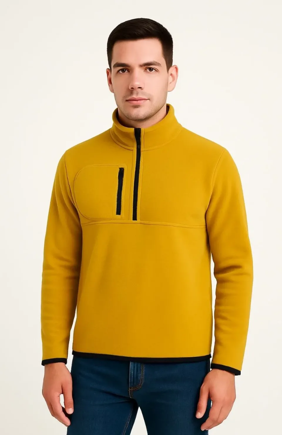 Erkek Polar Kazak – Dik Yaka, Yarım Fermuarlı, Fermuarlı Göğüs Cepli, Siyah Biyeli, Kışlık Rahat Regular Fit Günlük Model - Sarı