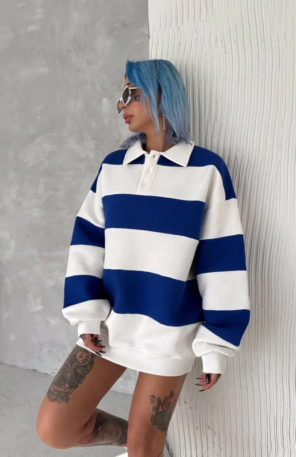 Unisex Üç İplik Parçalı Yakalı SweatShirt - Mavi