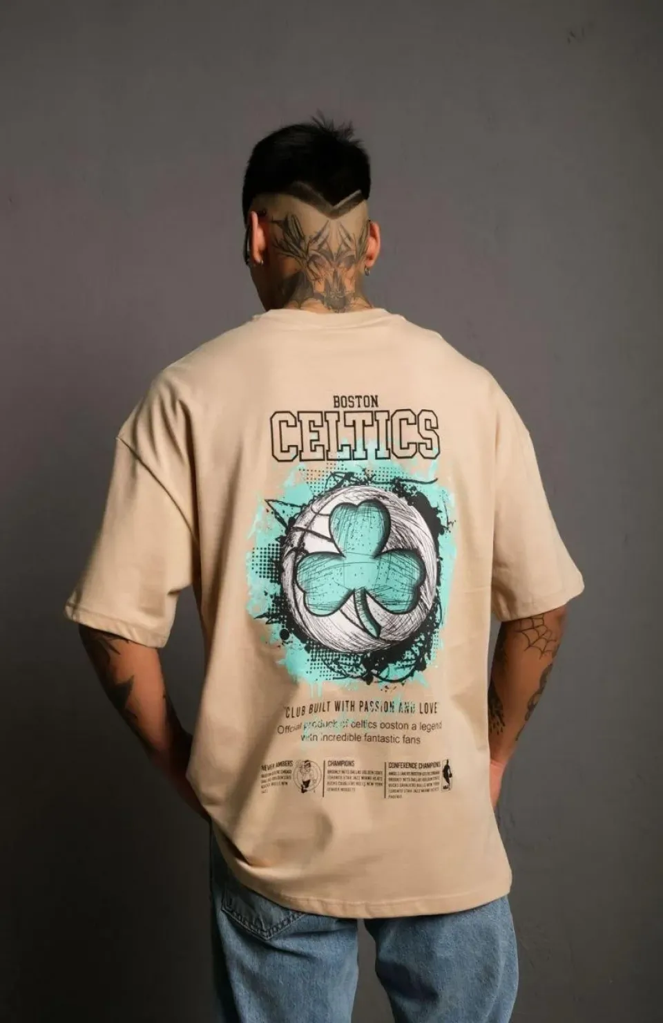 Erkek Sırt Baskılı T-shirt - Bej