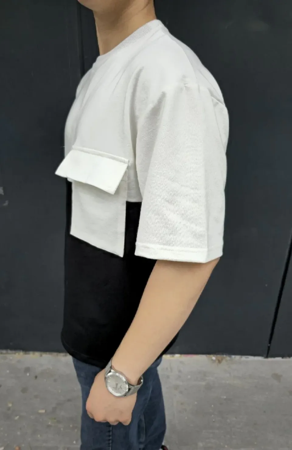 Unisex Torba Cep Detaylı Parçalı T-Shirt - Siyah