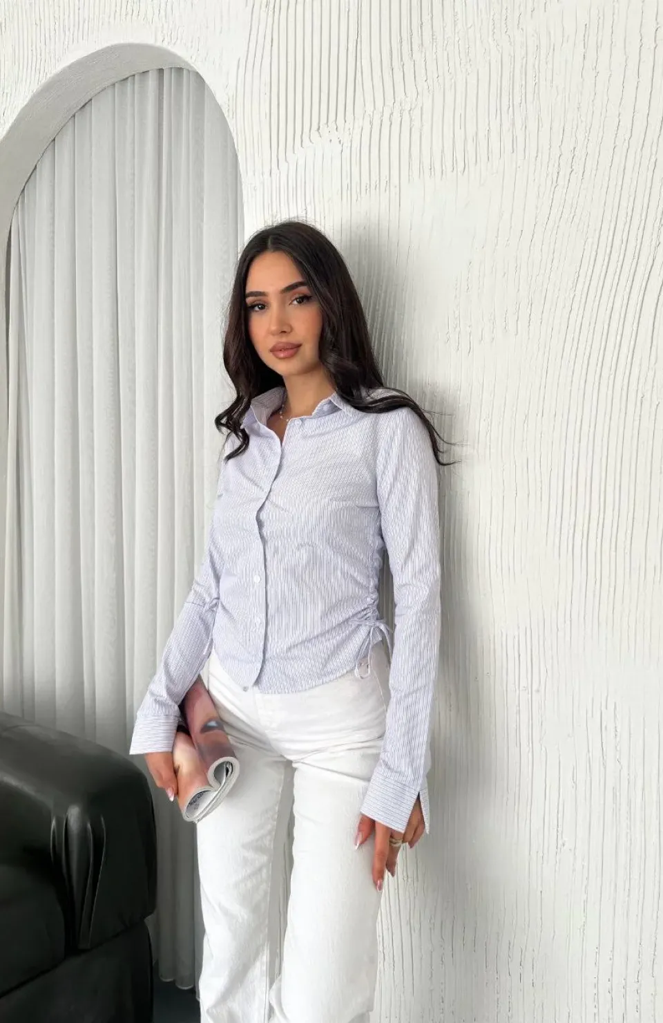 Kadın Uzun Kollu yandan Bağlama detaylı Gömlek - Beyaz