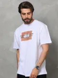 Unisex Bisiklet Yaka Baskılı Oversize T-Shirt - Beyaz