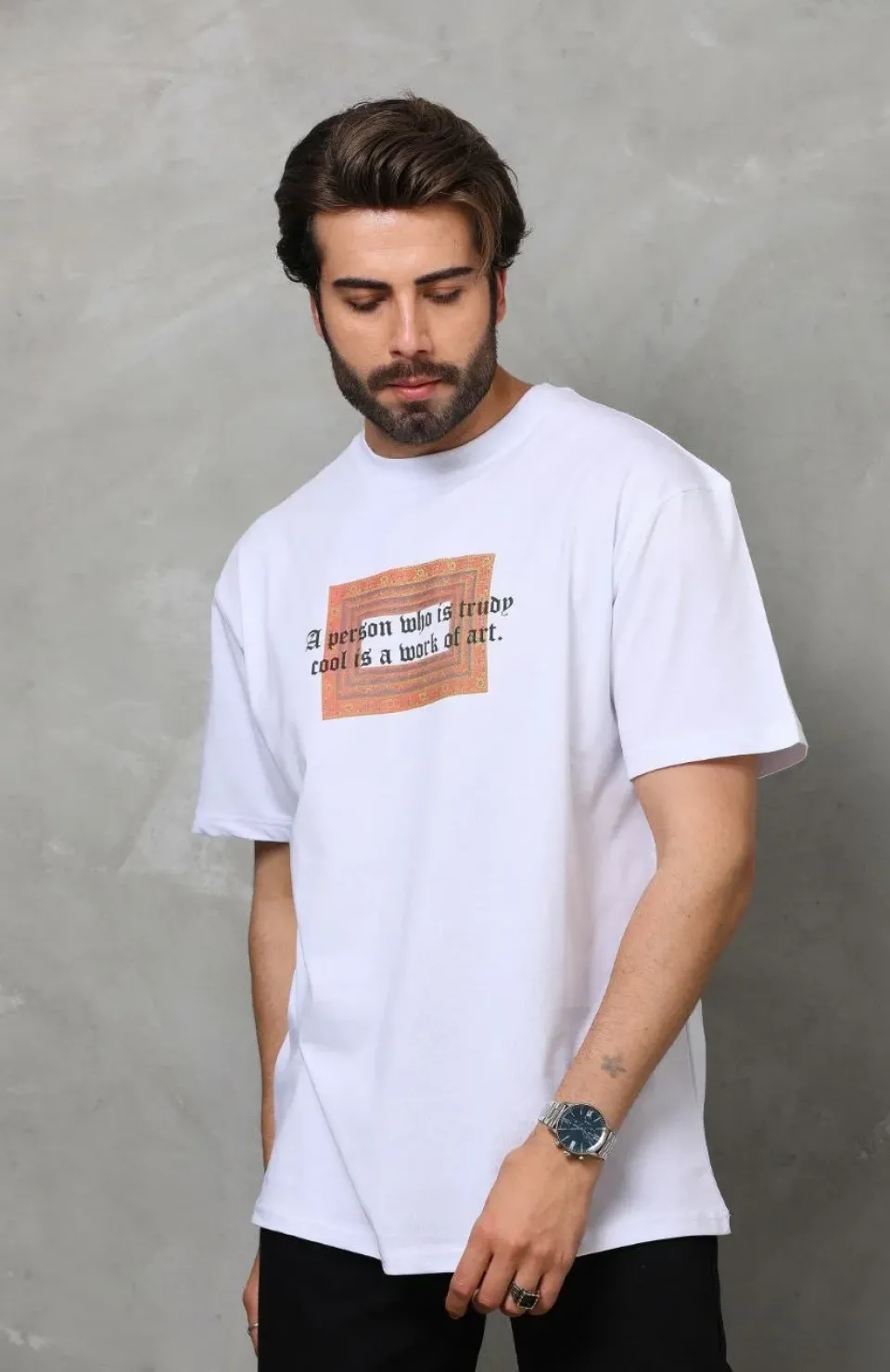 Unisex Bisiklet Yaka Baskılı Oversize T-Shirt - Beyaz