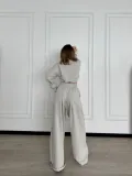 Uzun Kollu Önü İp Büzgülü Crop ve Pantolon İkili Takım - Gri