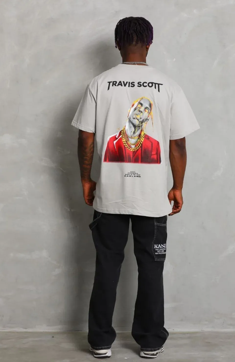 Unisex Oversize Baskılı Bisiklet Yaka T-Shirt - Gri