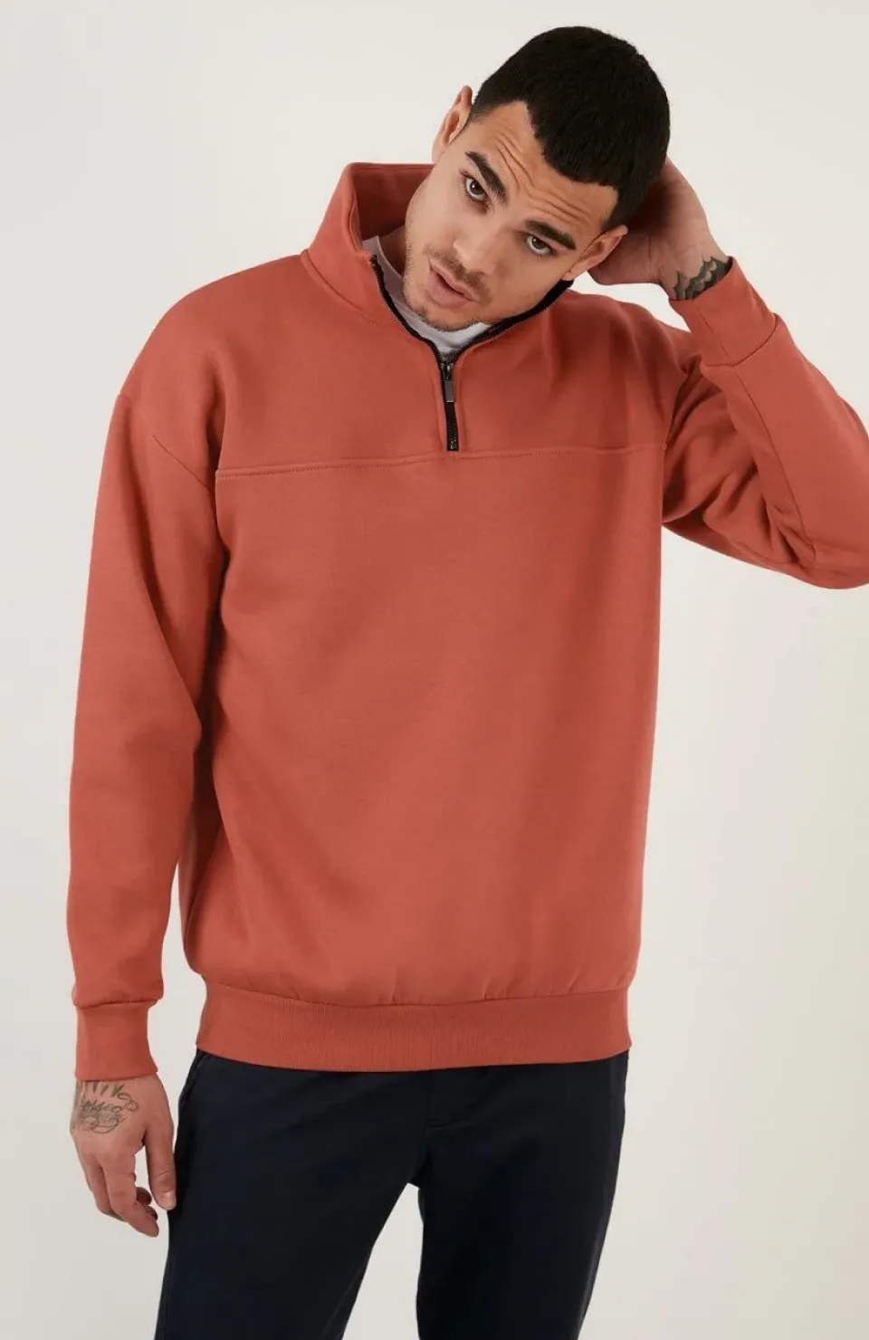 Oversize Yarım Farmuarlı Yakalı Basic SweatShirt - Gül Kurusu