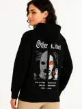 Kadın Kapşonlu Sweatshirt – Oversize Üç İplik Şardonlu Hoodie, “Other Lives” Ön & Arka Baskılı, Kanguru Cepli, Kışlık Rahat Günlük Stil- Siyah