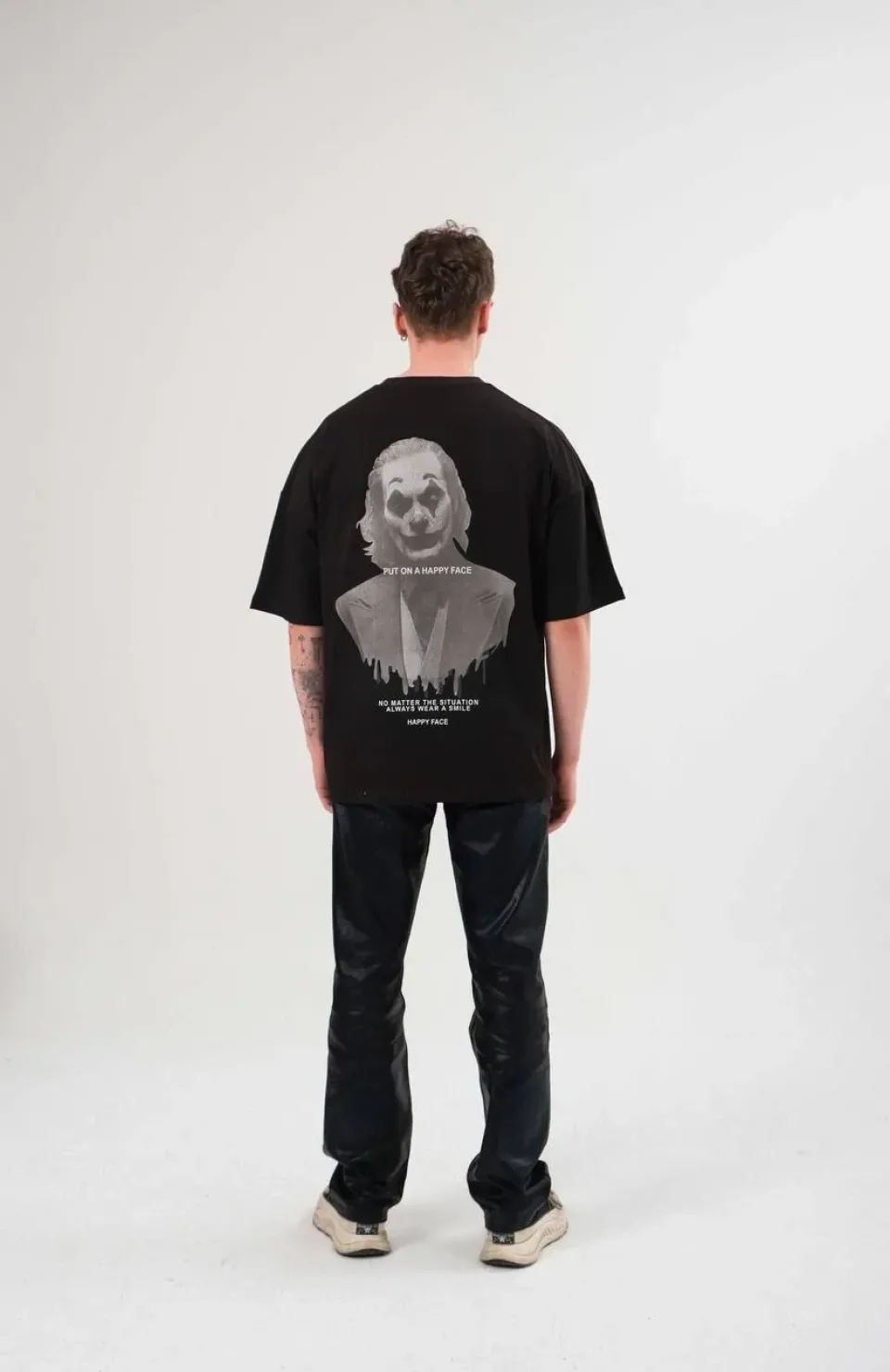 Unisex Bisiklet Yaka Baskılı Oversize T-Shirt - Siyah