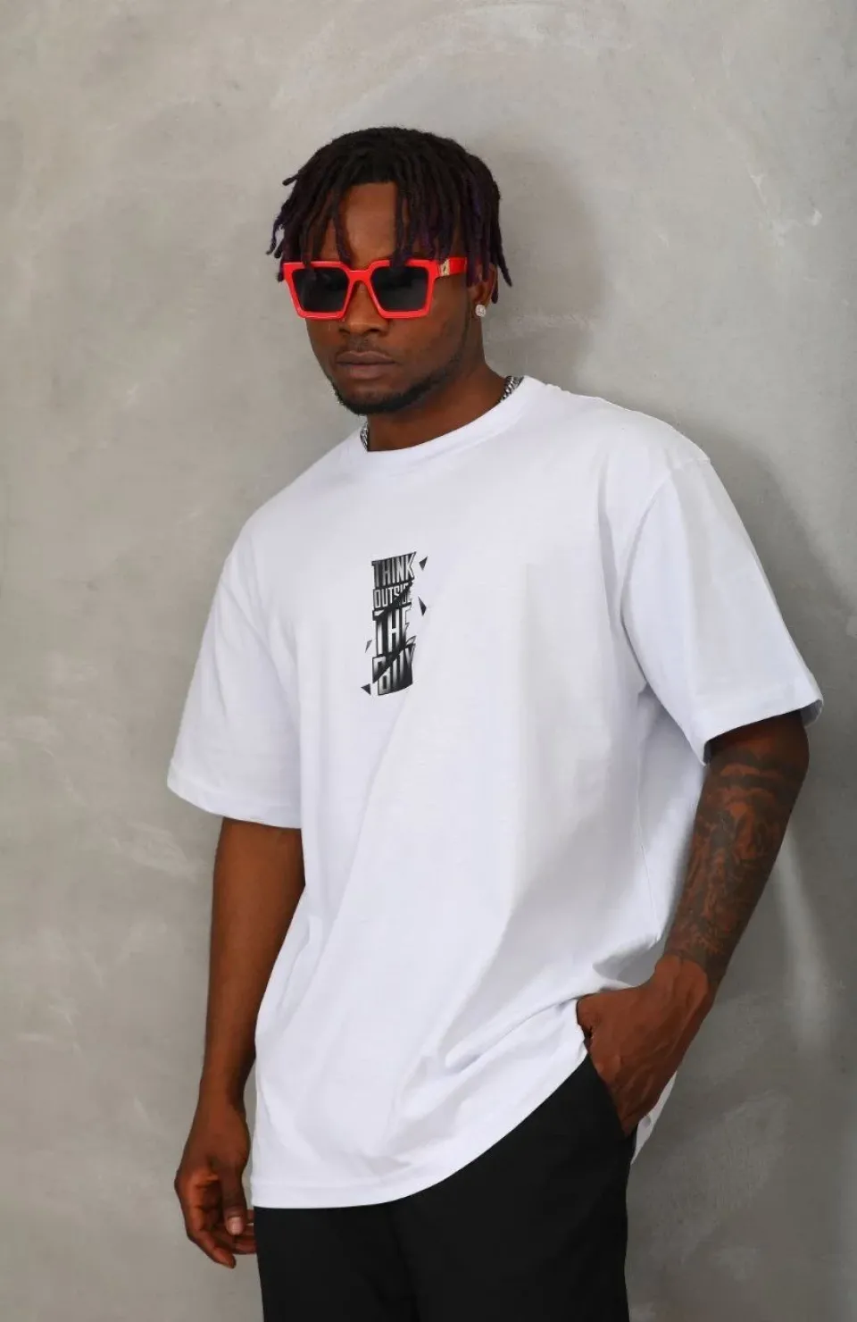 Unisex Oversize Baskılı Bisiklet Yaka T-Shirt - Beyaz