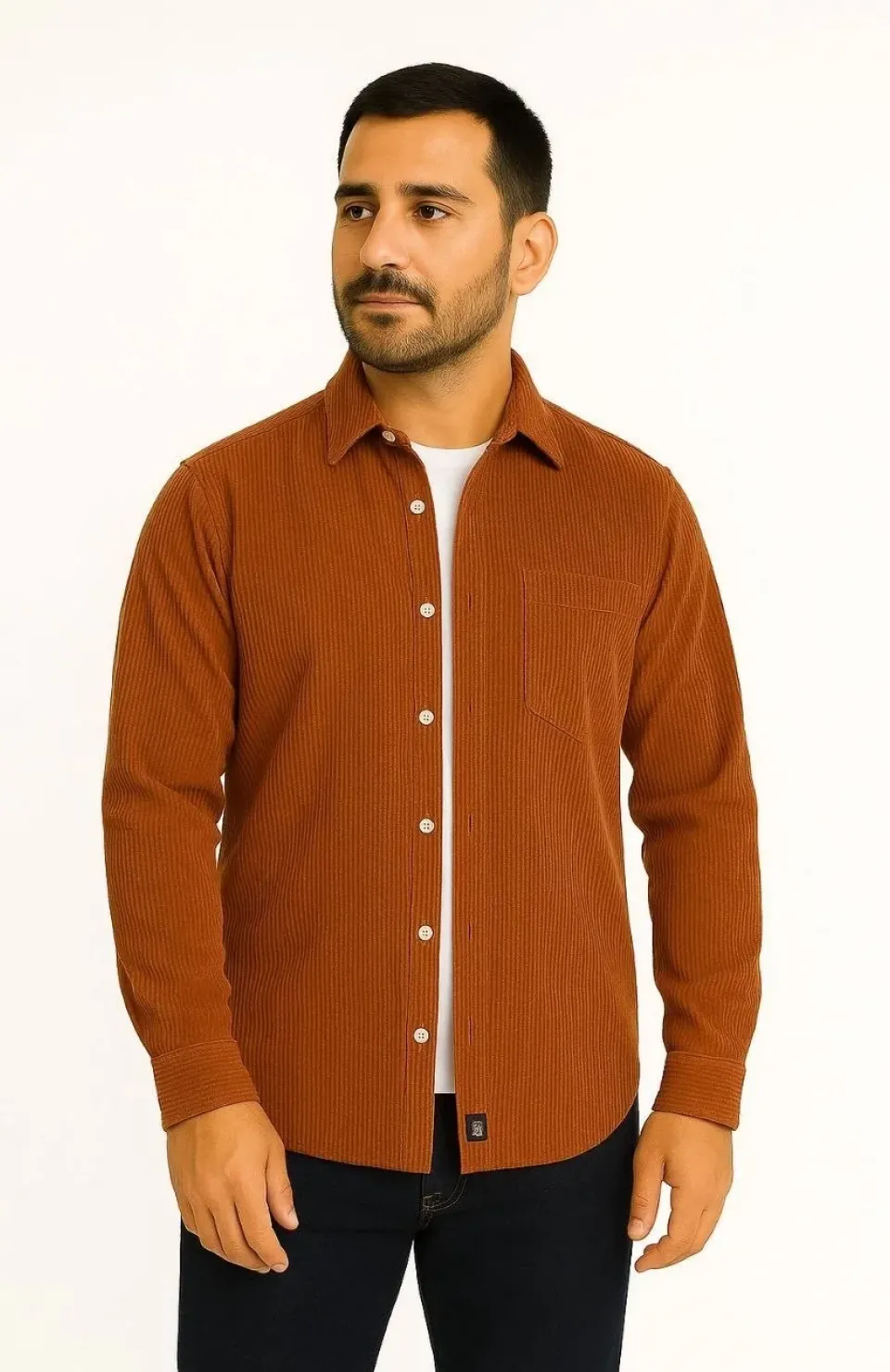 Erkek Fitilli Kadife Cepli Gömlek Oversize Rahat Kalıp - Kahverengi