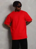 Unisex Oversize Düz Bisiklet Yaka T-Shirt - Kırmızı