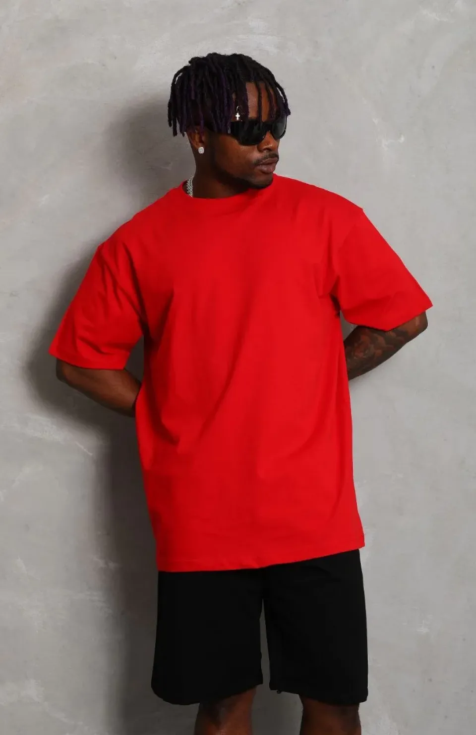 Unisex Oversize Düz Bisiklet Yaka T-Shirt - Kırmızı