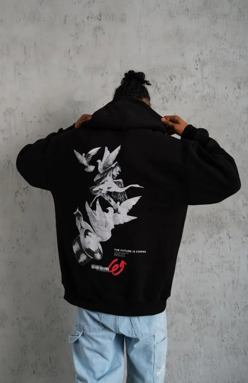 Erkek Şapkalı Güvercin Baskılı Kapşonlu Sweat - Siyah Somersan Giyim | Kadın, Erkek ve Çocuk Moda