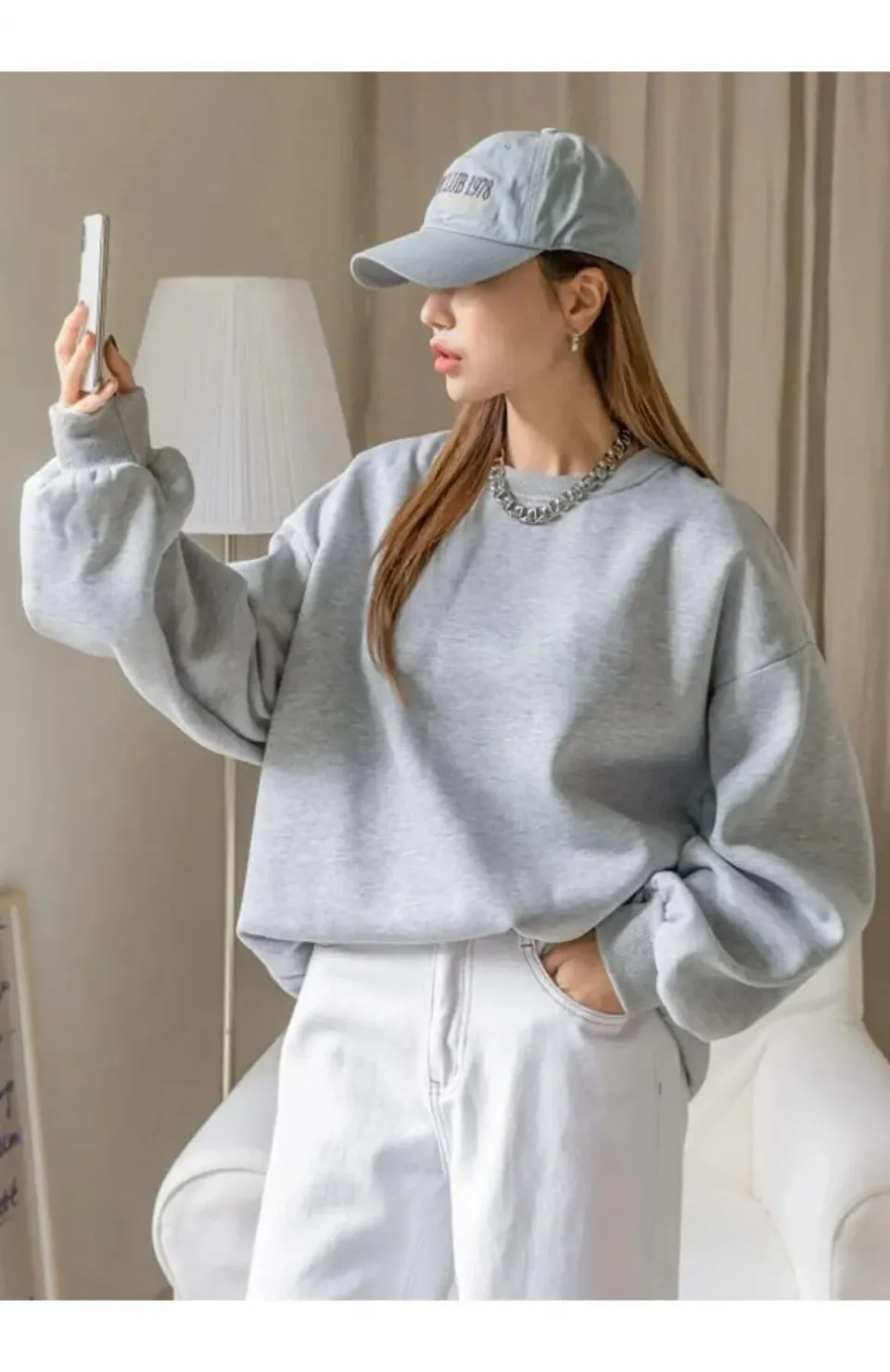 Kadın Düz Bisiklet Yaka Sweat - Gri