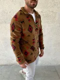Erkek Yarım Fermuarlı Desenli Polar Sweat Tribal Etnik Desen Yakalı, Uzun Kollu, Oversize Rahat Kalıp, - Kahverengi