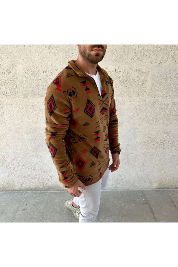 Erkek Yarım Fermuarlı Desenli Polar Sweat Tribal Etnik Desen Yakalı, Uzun Kollu, Oversize Rahat Kalıp, - Kahverengi