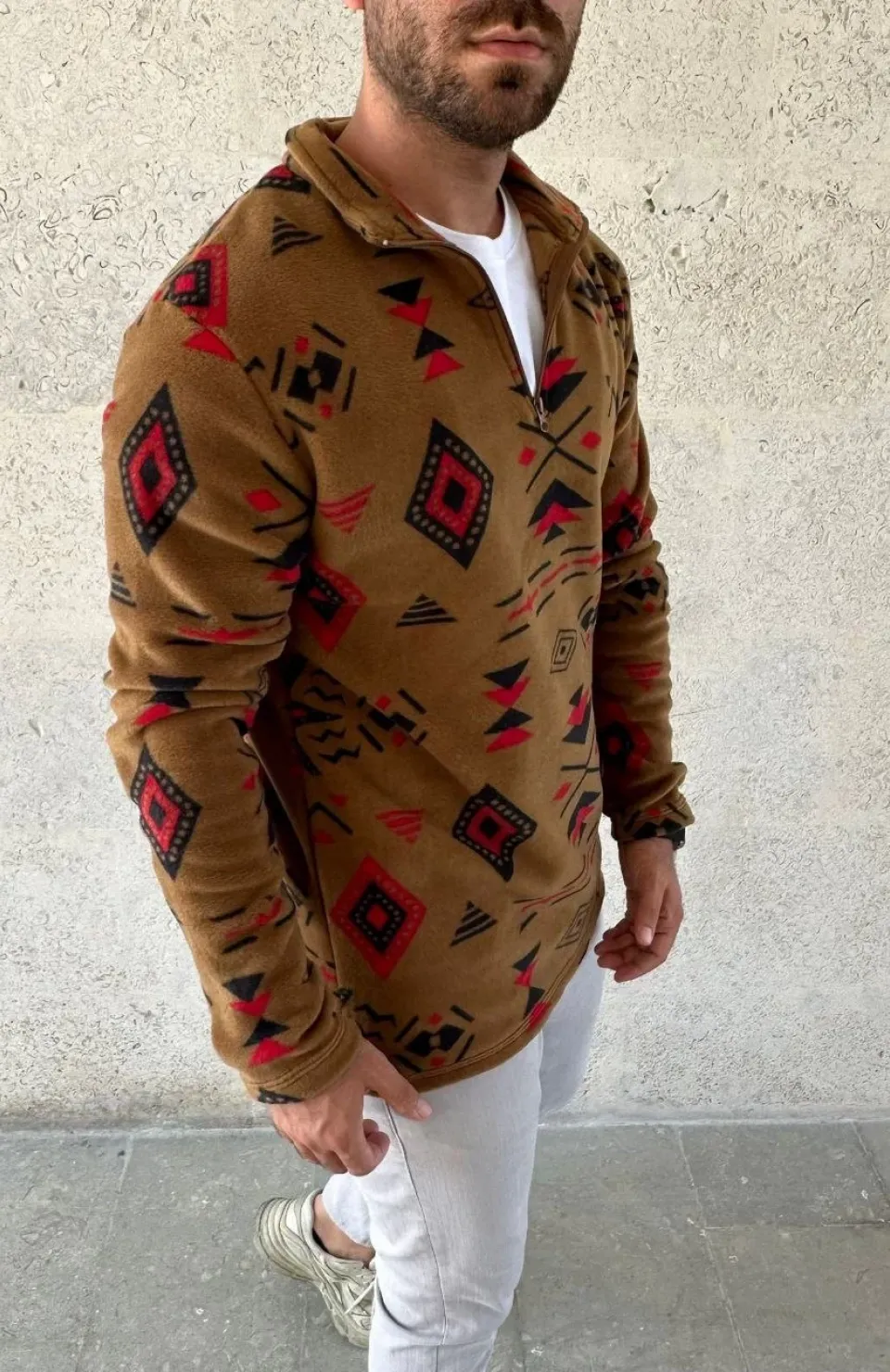Erkek Yarım Fermuarlı Desenli Polar Sweat Tribal Etnik Desen Yakalı, Uzun Kollu, Oversize Rahat Kalıp, - Kahverengi