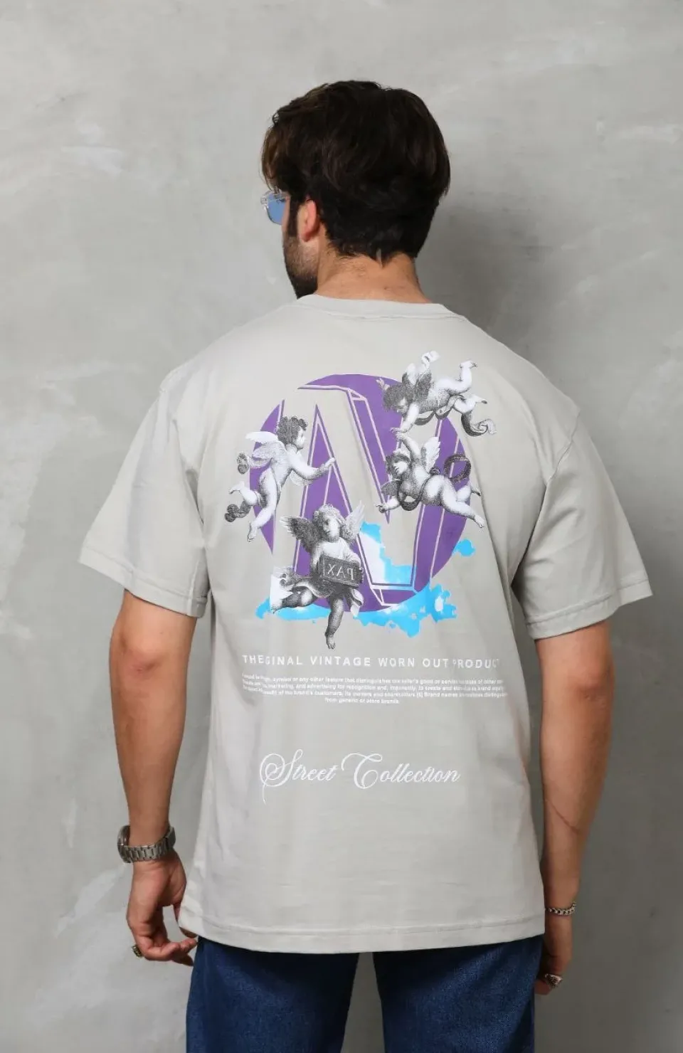 Unisex Bisiklet Yaka Baskılı Oversize T-Shirt - Gri Somersan Giyim | Kadın, Erkek ve Çocuk Moda