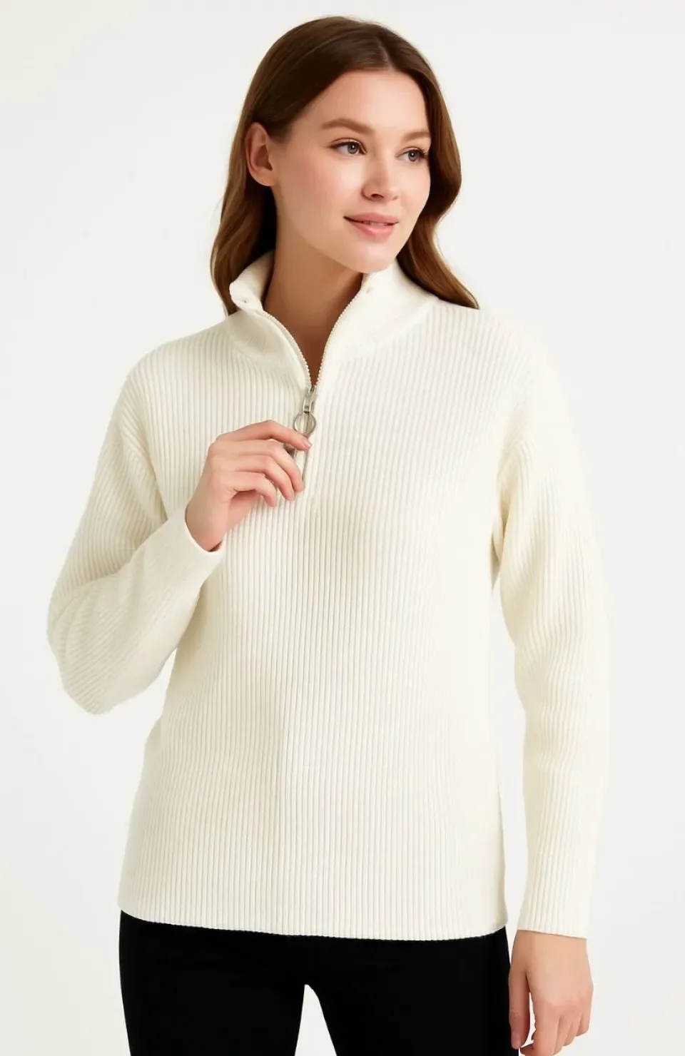 KADIN Yarım Fermuarlı Triko Kazak – Selanik Örgü, Dik Yaka, Pamuklu Dokuma, Oversize Uzun Kollu Kışlık Model - Beyaz Somersan Giyim | Kadın, Erkek ve Çocuk Moda