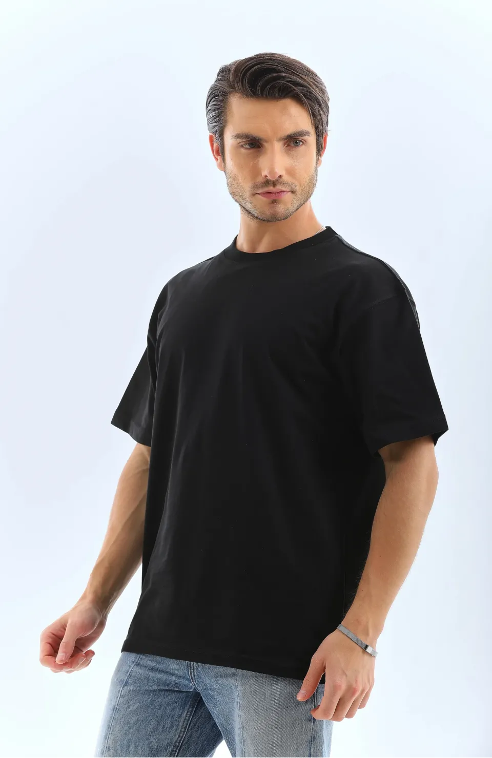 Unisex Oversize Düz Bisiklet Yaka T-Shirt - Siyah