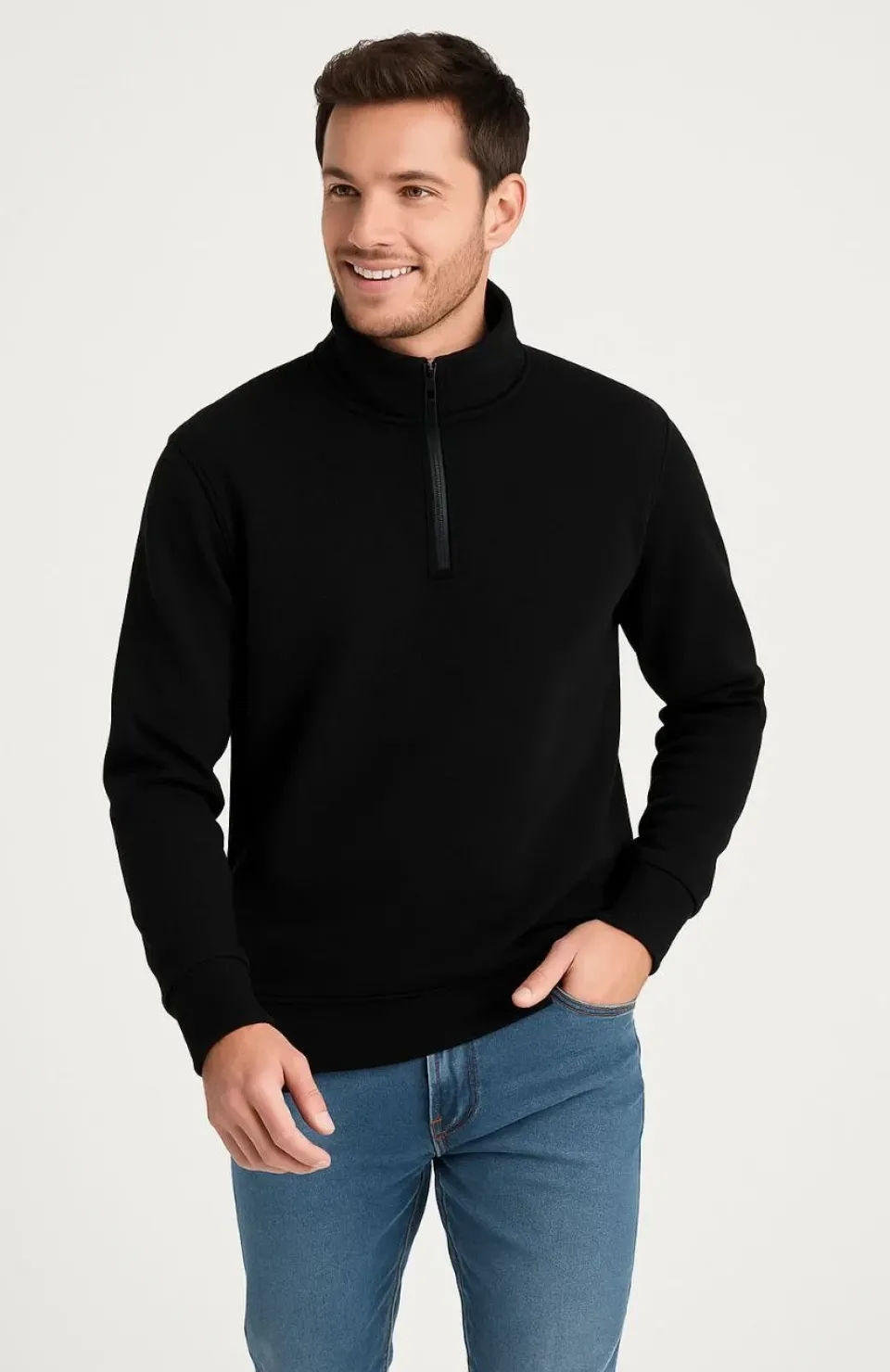 Erkek Dik Yaka Sweatshirt Dik Yaka Yarım Fermuarlı 3 İplik Şardonlu Pamuk Kumaş - Siyah