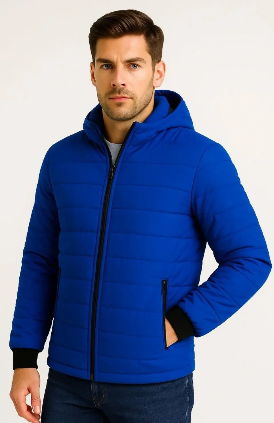 Erkek Şişme Kapüşonlu Fermuarlı Mont Su itici Kapitone Astarlı Kumaş Cepli Kışlık Rahat Kalıp - Saks Mavisi Somersan Giyim | Kadın, Erkek ve Çocuk Moda
