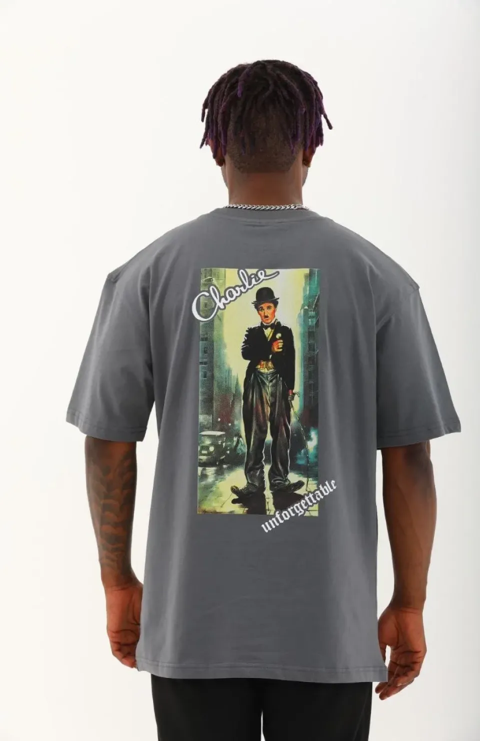 Unisex Oversize Baskılı Bisiklet Yaka T-Shirt - Füme