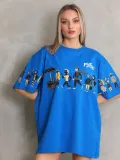 Unisex Bisiklet Yaka Baskılı Oversize T-Shirt - Mavi