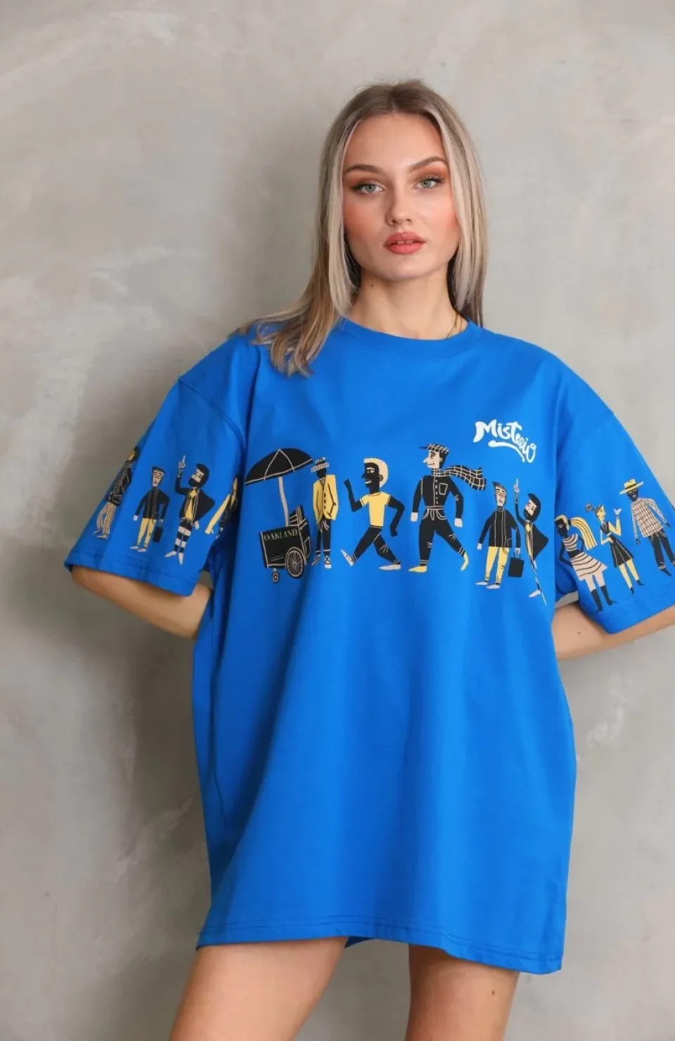 Unisex Bisiklet Yaka Baskılı Oversize T-Shirt - Mavi