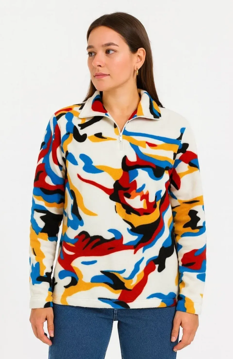 Kadın Yarım Fermuarlı Desenli Polar Sweat – Renkli Abstract Desen Yakalı, Uzun Kollu, Oversize Rahat Kalıp - Beyaz