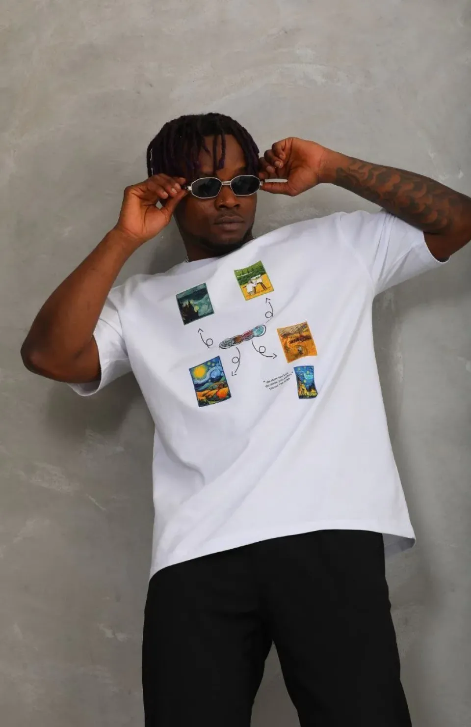 Unisex Oversize Baskılı Bisiklet Yaka T-Shirt - Beyaz